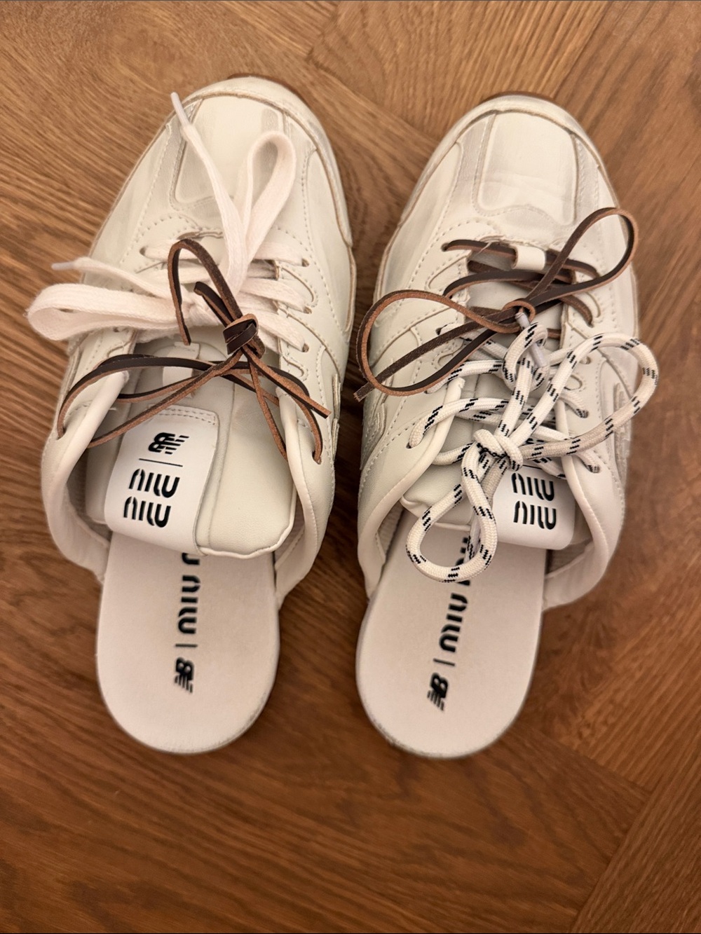 Miu Miu Cream Leather Slip-On Sneaker Mules with Mixed Laces